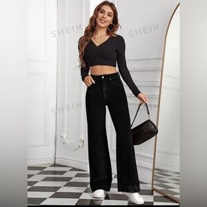 SHEIN Black Corduroy Wide Leg Pants | High Waisted | Size L (8–10) | EUC